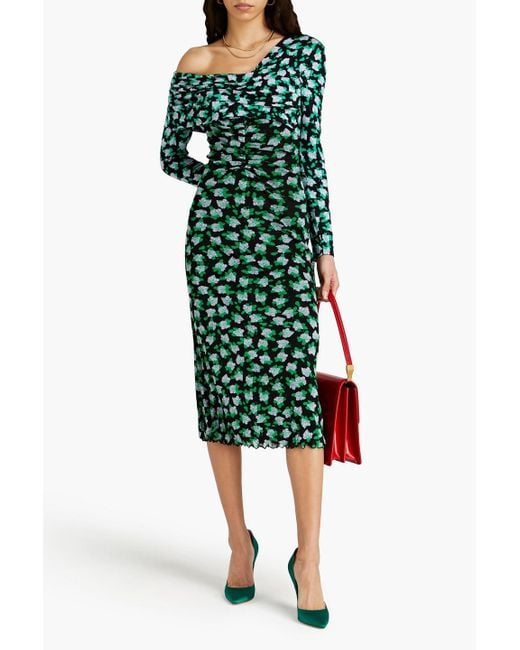 Diane von Furstenberg Green Leia midikleid aus jersey und stretch-mesh mit floralem print und asymmetrischer schulterpartie