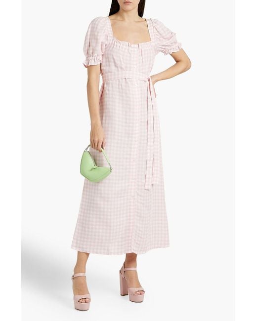 Sleeper Pink Brigitte Gingham Linen-blend Midi Dress