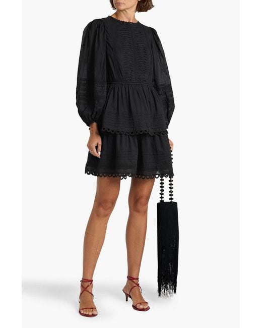 Farm Rio Black Lace-Trimmed Pintucked Cotton-Voile Mini Dress