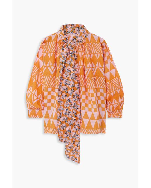 Yvonne S Orange Pussy-bow Printed Linen Blouse