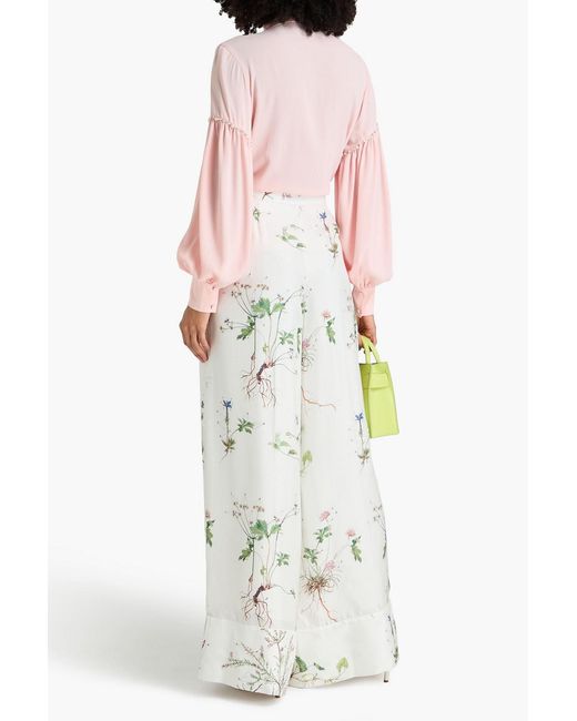 Erdem White Floral-Print Silk-Twill Wide-Leg Pants