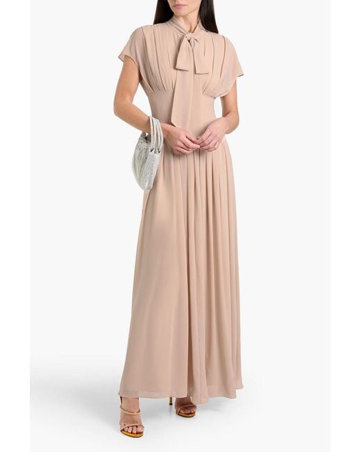 Mikael Aghal Natural Pussy-Bow Pleated Chiffon Maxi Dress