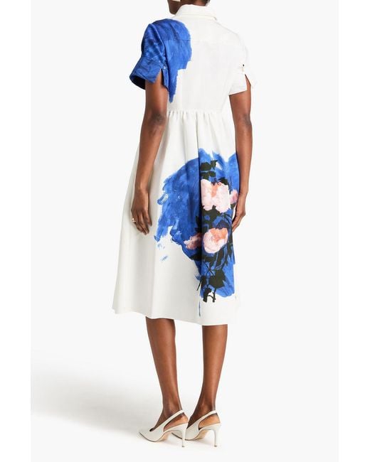 Erdem Blue Floral-print Cotton-blend Faille Midi Shirt Dress