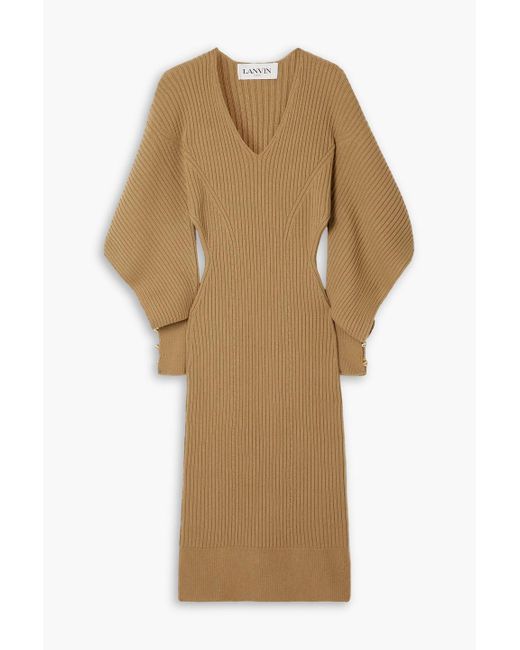 Lanvin Natural Cutout Embellished Ribbed Wool And Cashmere-blend Midi Dress