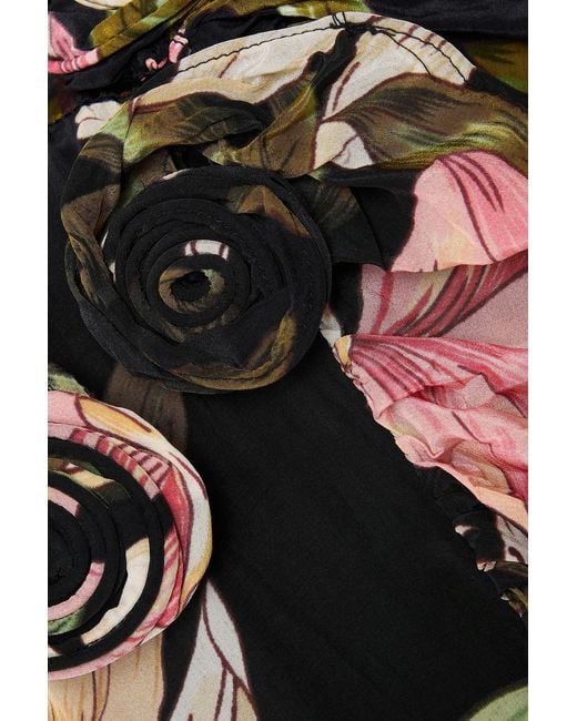Farm Rio Black One-Sleeve Floral-Print Silk Crepe De Chine Midi Dress