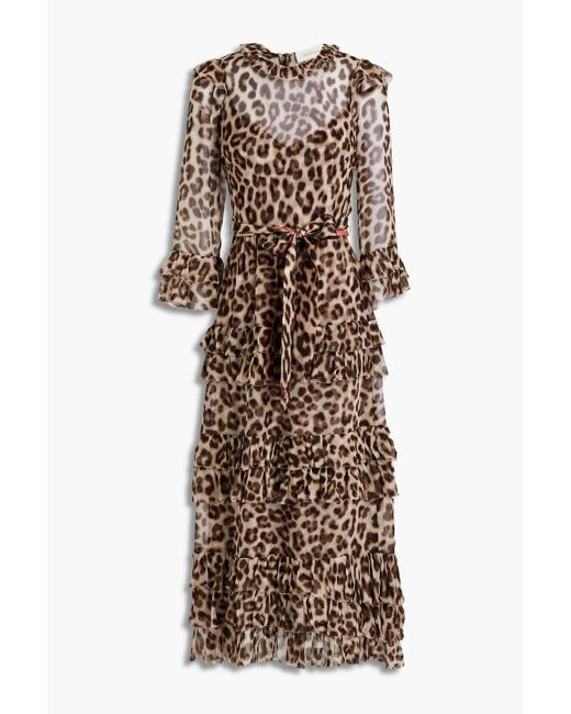 Zimmermann Multicolor Candescent Belted Tiered Leopard-print Silk-crepon Midi Dress