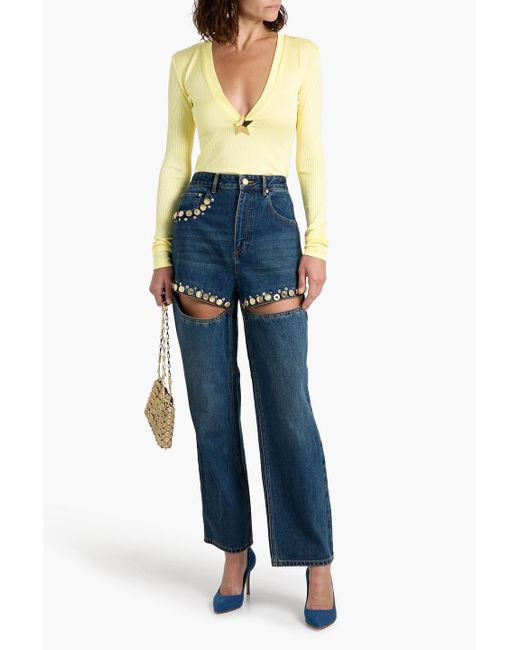 Area Yellow Embellished Ribbed Jersey Top