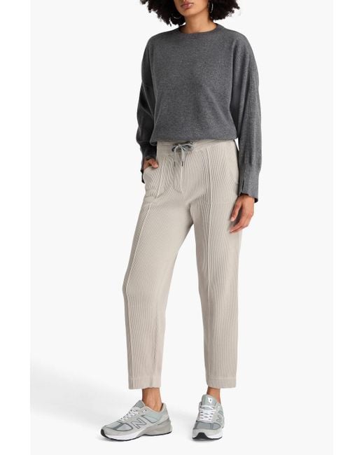 Brunello Cucinelli Natural Bead-Embellished Ribbed Cotton Track Pants