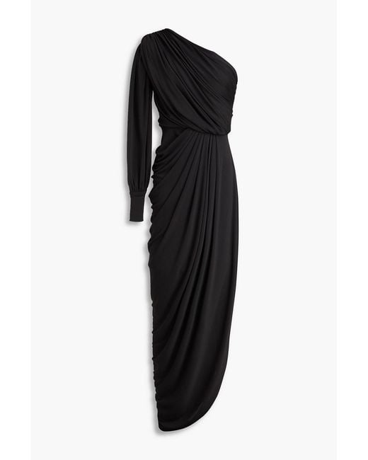 Rhea Costa Black One-Sleeve Draped Stretch-Jersey Gown