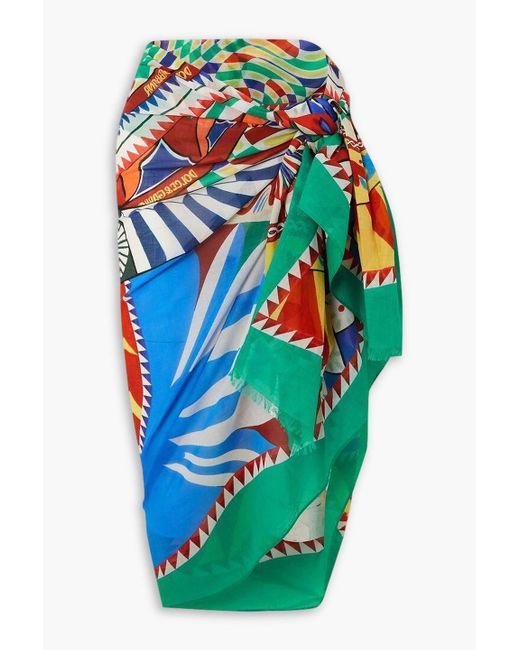 Dolce & Gabbana Blue Frayed Printed Cotton-voile Pareo