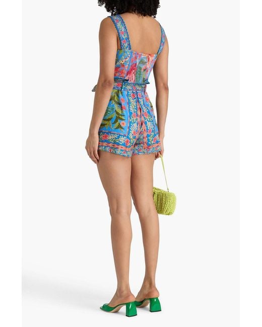 Farm Rio Blue Floral-print Embellished Linen-blend Playsuit