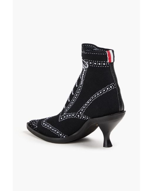 Thom Browne Black Leather-Trimmed Printed Knitted Sock Boots