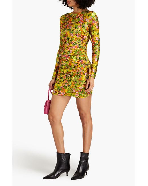 Philosophy Di Lorenzo Serafini Yellow Ruched Knotted Floral-print Stretch-jersey Dress