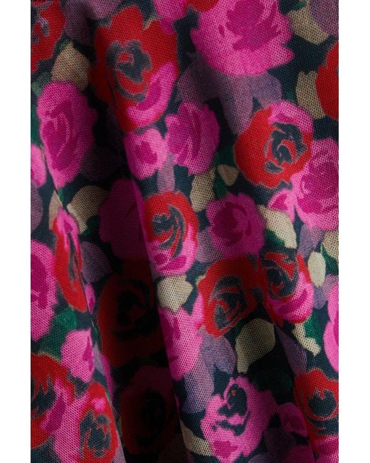 Ganni Red Floral-print Stretch-mesh Turtleneck Top