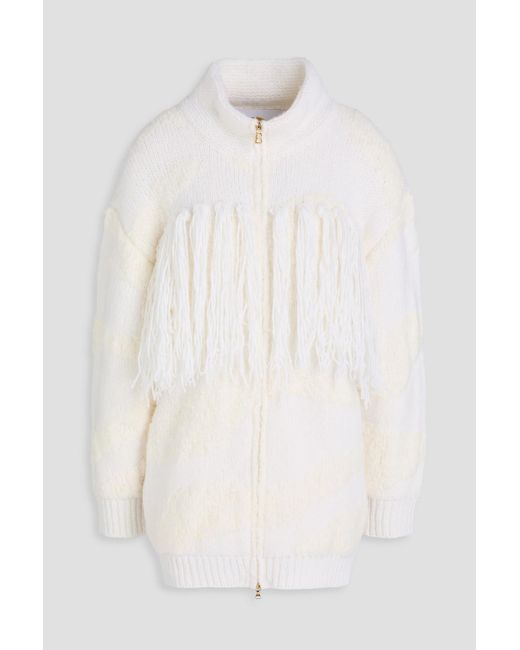 Bogner White Jena Fringed Intarsia Wool-Blend Zip-Up Cardigan