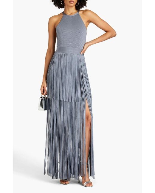 Hervé Léger Blue Fringed Ribbed Stretch-knit Gown