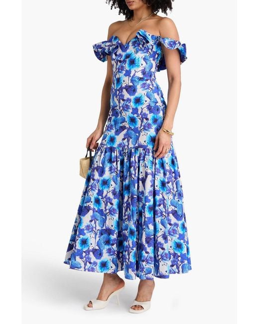 Borgo De Nor Blue Jazella Off-the-shoulder Ruffled Floral-print Cotton Maxi Dress