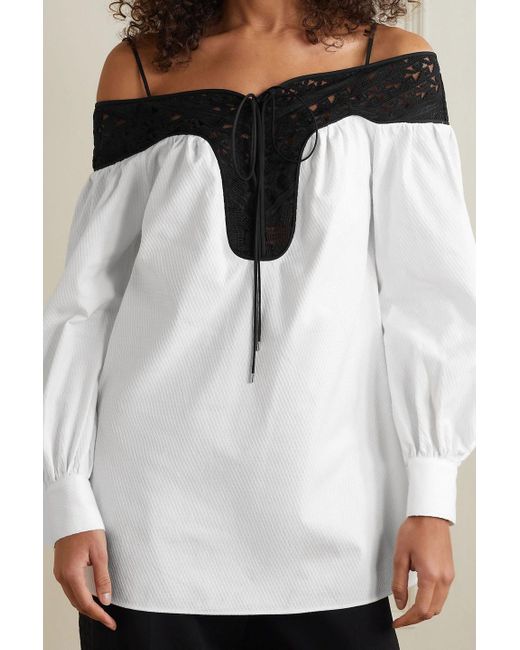 Gabriela Hearst Black Augustin Cold-Shoulder Lace-Trimmed Embroidered Cotton Blouse