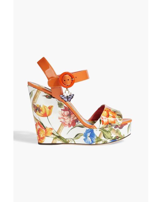 Dolce & Gabbana Orange Floral-print Patent-leather Wedge Sandals