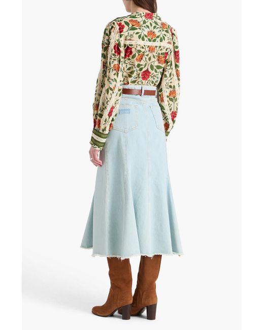Farm Rio Green Lace-trimmed Floral-print Cotton-blend Blouse