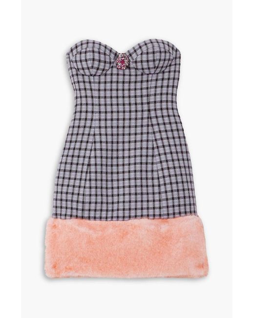Area Purple Strapless Embellished Plush-trimmed Houndstooth Wool-blend Mini Dress