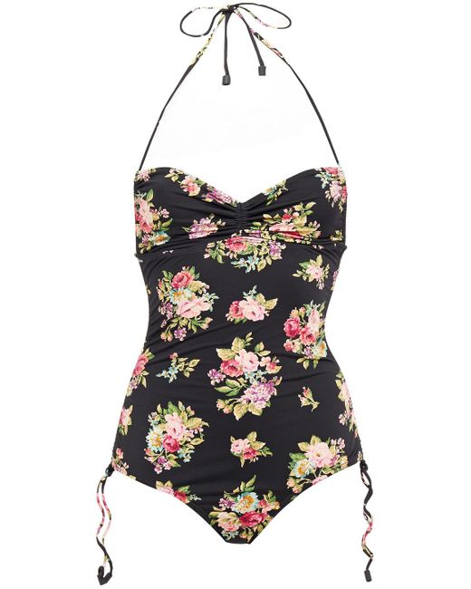 layered ruffle halter top with floral side ruched bikini