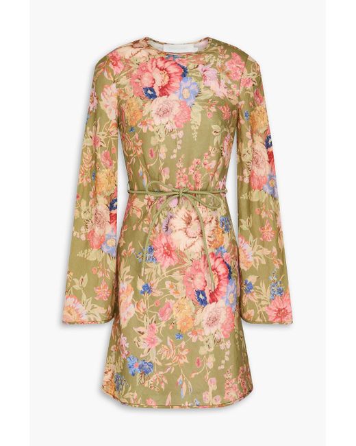 Zimmermann Green Belted Floral-print Linen Mini Dress