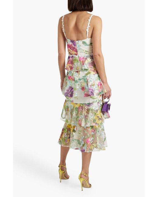 Marchesa White Tiered Embroidered Tulle Midi Dress