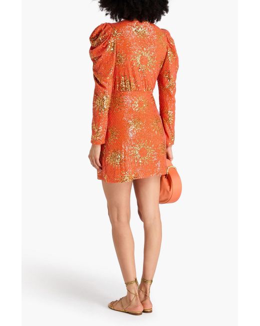 Farm Rio Orange Mini-wickelkleid aus mesh mit pailletten und raffung