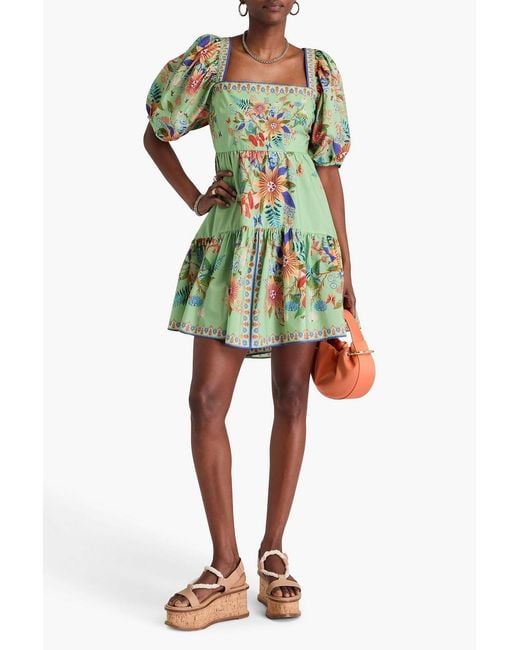 Farm Rio Green Floral-print Cotton-poplin Mini Dress