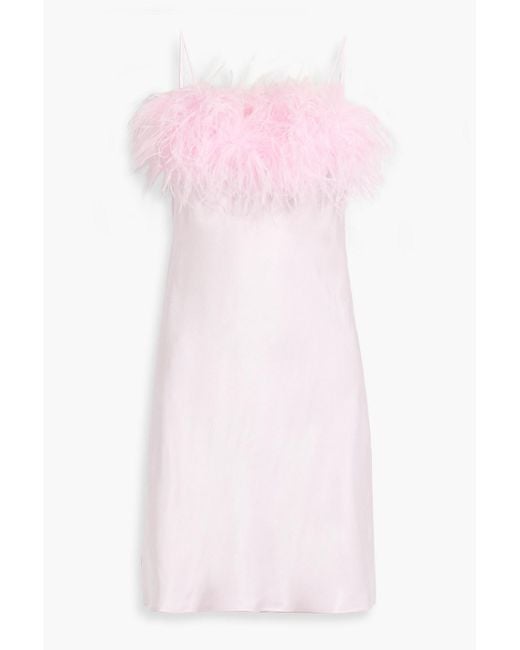 Sleeper Pink Boheme Feather-trimmed Satin Mini Slip Dress