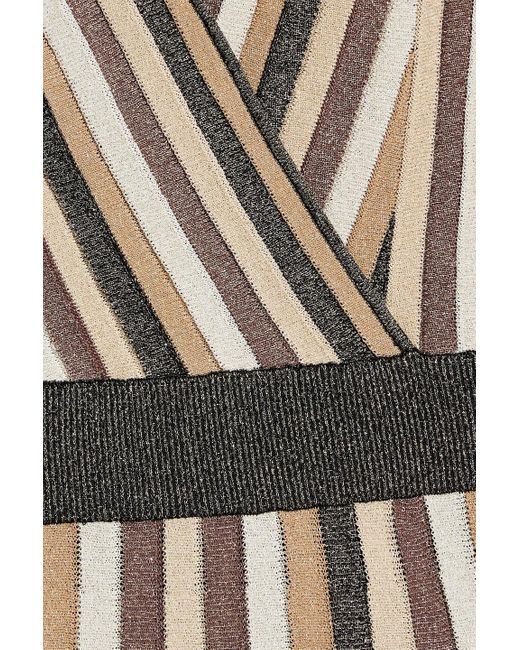 Rebecca Vallance Natural Marsha Wrap-effect Metallic Striped Stretch-knit Midi Dress