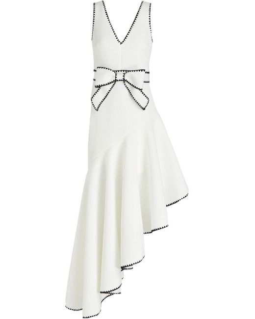 Badgley Mischka White Asymmetric Bow-embellished Embroidered Scuba Gown
