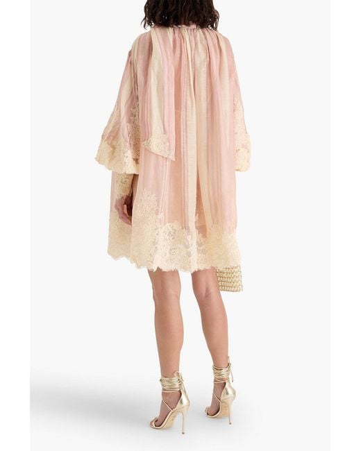 Zimmermann Pink Lace-Paneled Striped Linen And Silk-Blend Gauze Mini Dress