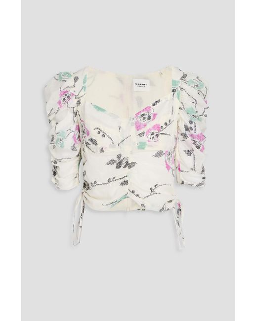 Isabel Marant White Galaor Cropped Ruched Printed Cotton-Voile Blouse