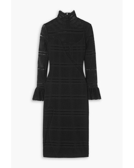 Halpern Black Ruffled Paneled Open-knit Midi Dress