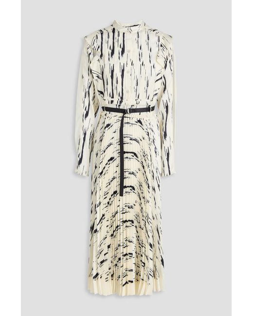 3.1 Phillip Lim White Belted Pleated Printed Satin-Twill And Chiffon Midi Dress