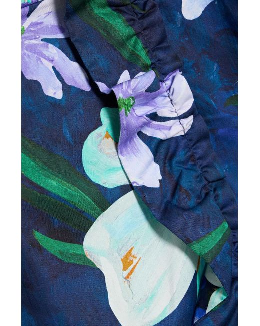 Farm Rio Blue Ruffled Floral-Print Cotton-Poplin Midi Dress