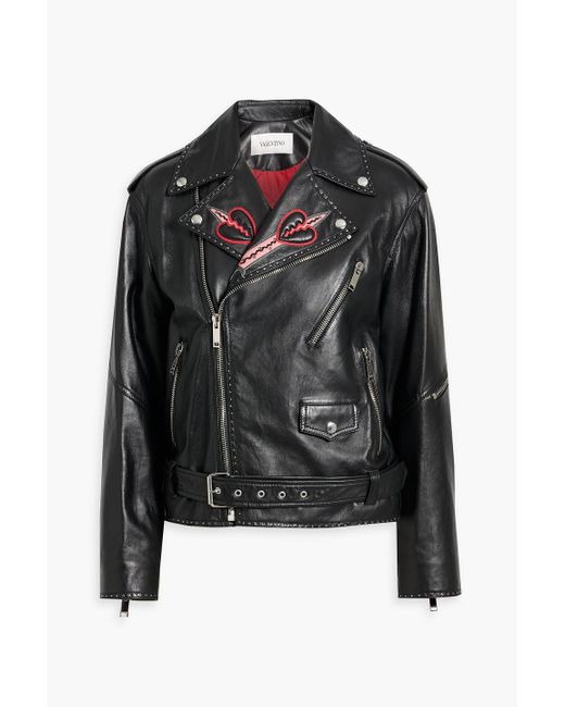 Valentino Garavani Black Embellished Leather Biker Jacket