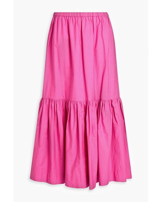 Ganni Pink Gathered Cotton-Poplin Midi Skirt