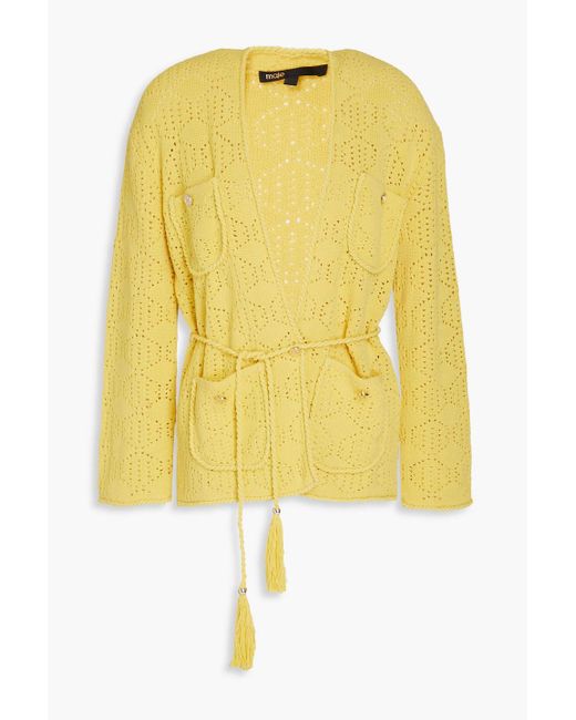 Maje Yellow Pointelle-knit Cotton-blend Cardigan
