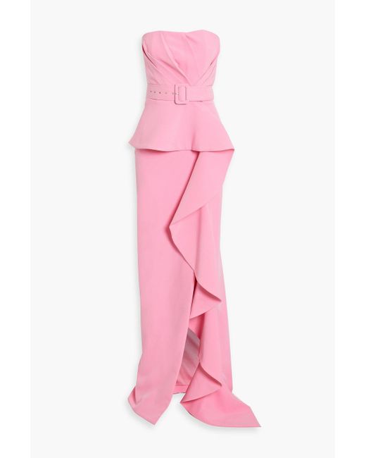 Rhea Costa Pink Strapless Draped Pleated Crepe Gown