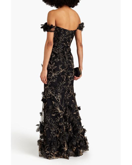 Marchesa Black Floral-appliquéd Embroidered Tulle Gown