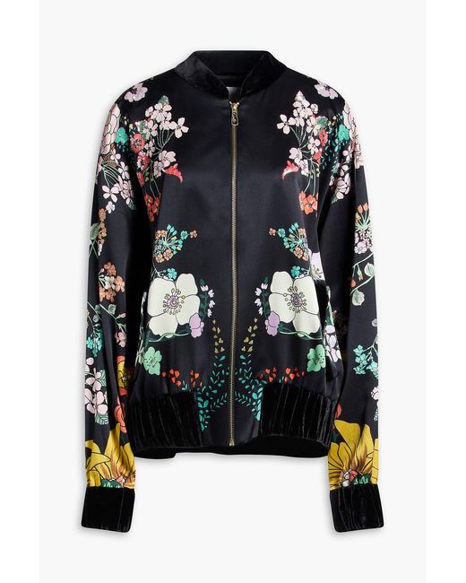 Camilla Black Embellished Floral-Print Silk-Satin Bomber Jacket