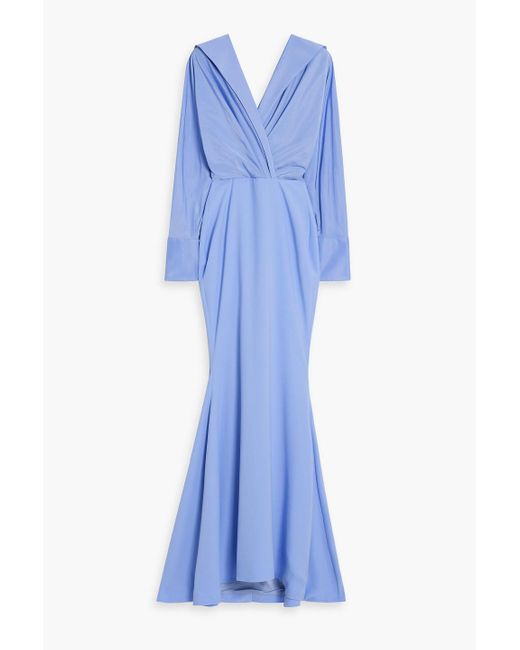 Rhea Costa Blue Wrap-effect Draped Taffeta And Crepe Gown