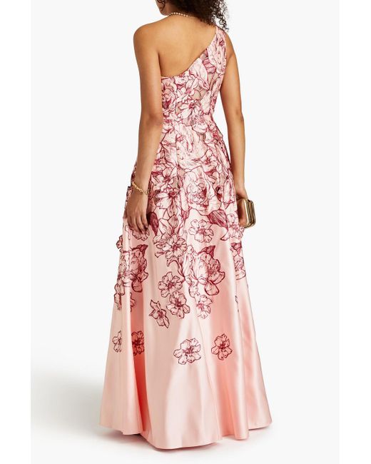 Marchesa Pink One-shoulder Embroidered Duchesse-satin Gown