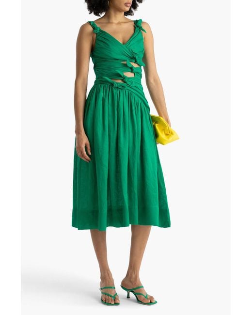 Zimmermann Green Cutout Knotted Linen Midi Dress