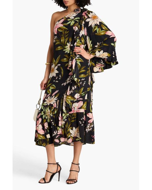 Farm Rio Black One-Sleeve Floral-Print Silk Crepe De Chine Midi Dress