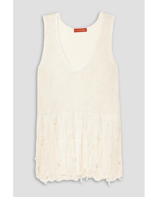 Altuzarra Natural Wyman Faux Pearl-embellished Distressed Silk Tank