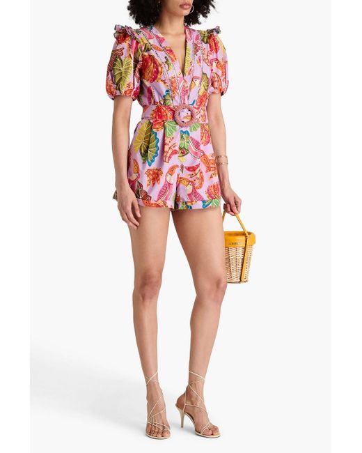 Farm Rio Red Belted Printed Cotton-poplin Playsuit